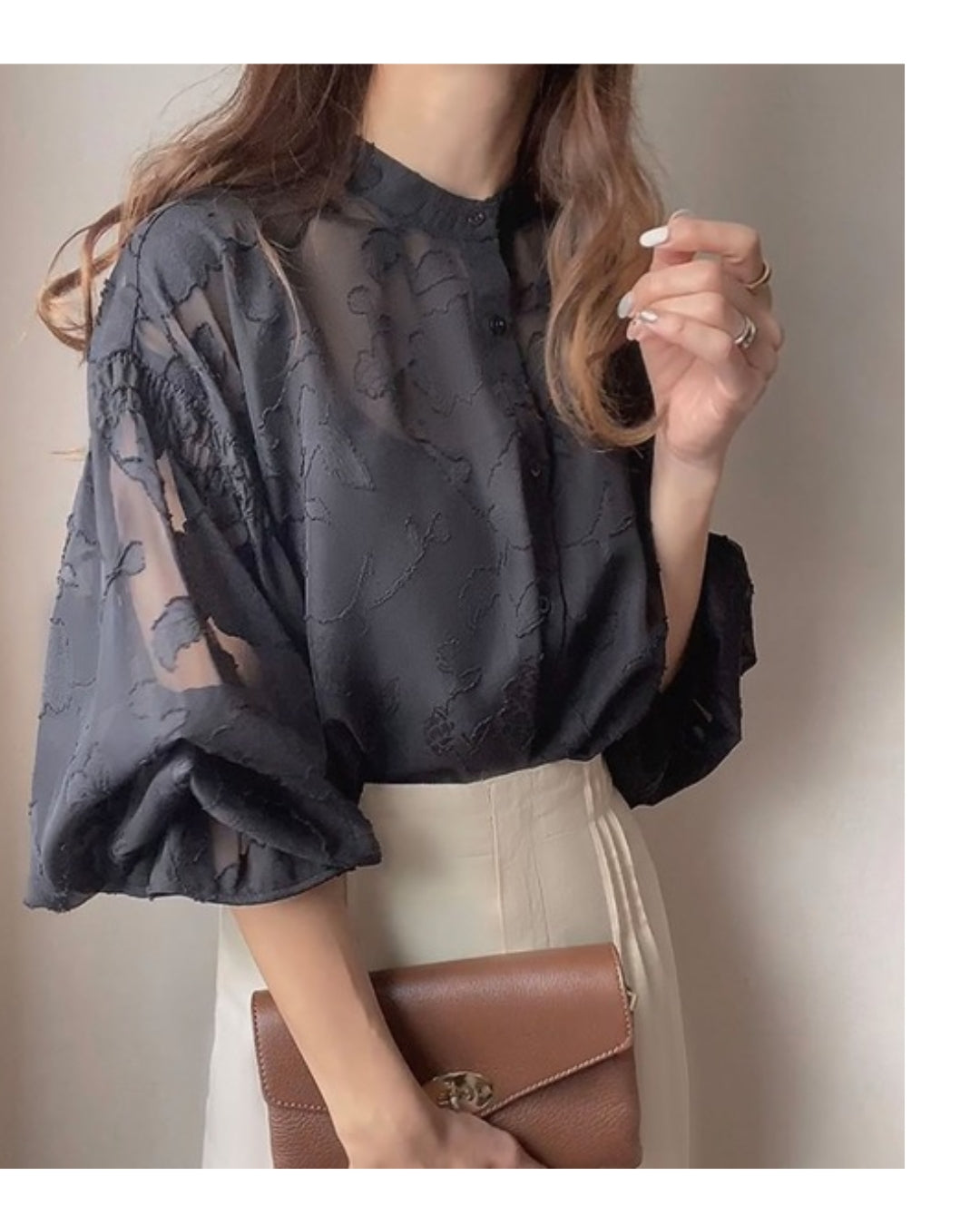 花刺繍シフォンブラウス【ふんわり優雅なシルエット】