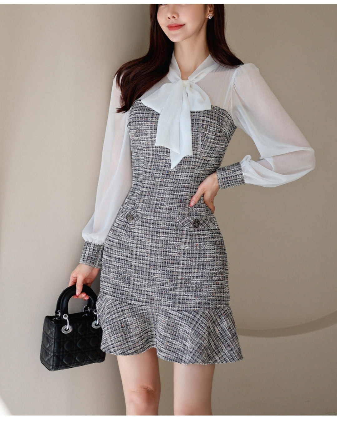 シアー袖・ツイードミニドレス【透け感と曲線美が描く大人エレガンス】