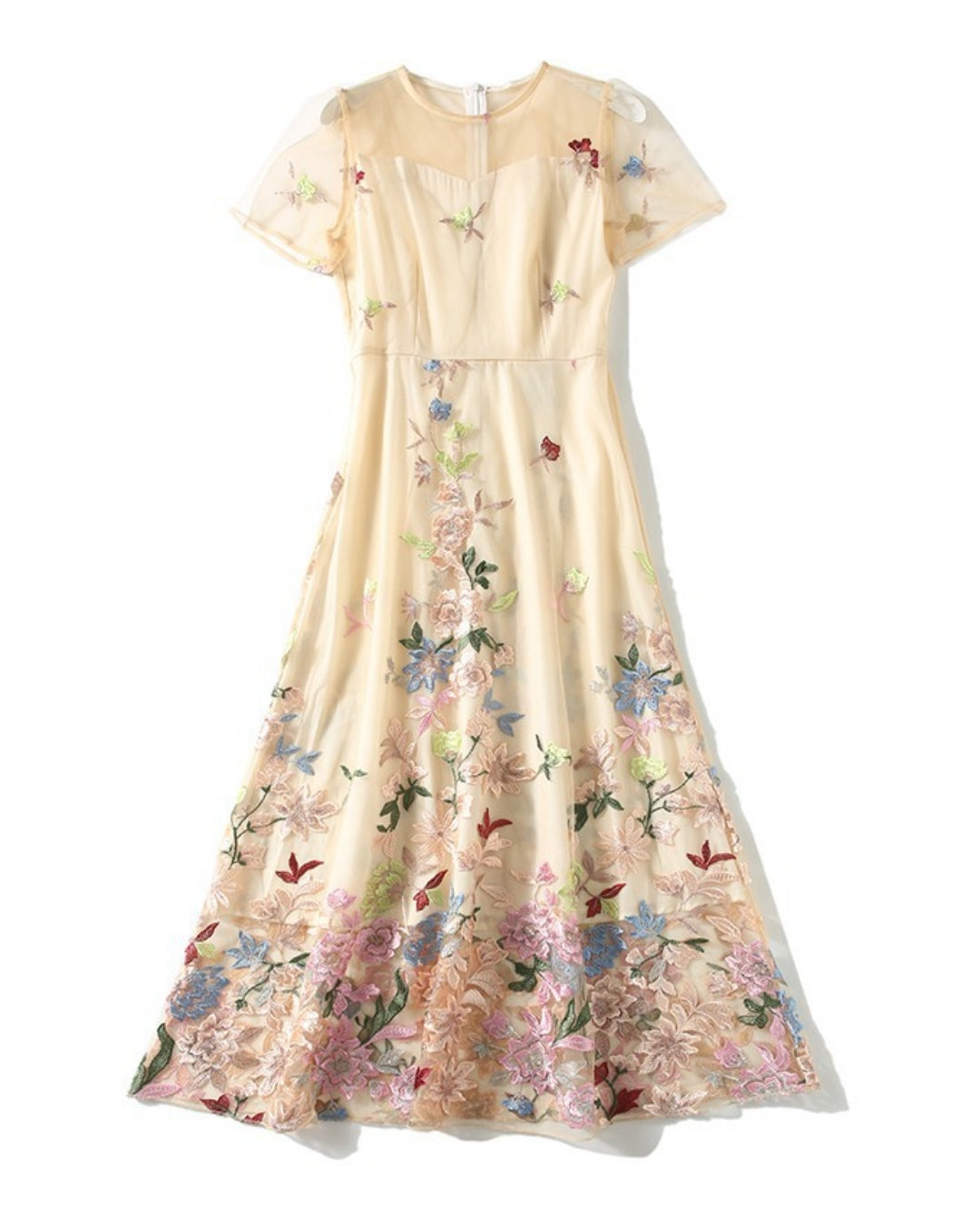 シースルー花柄刺繍ミモレドレス【凛と咲く、透け刺繍の華やぎ】