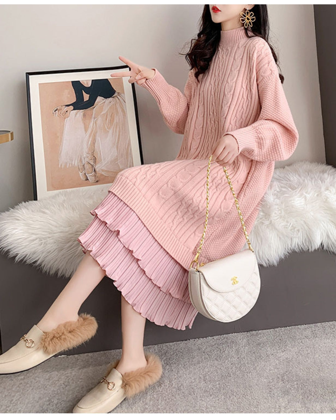 ロングニットフリルワンピース【大人フェミニン × 圧倒的存在感】