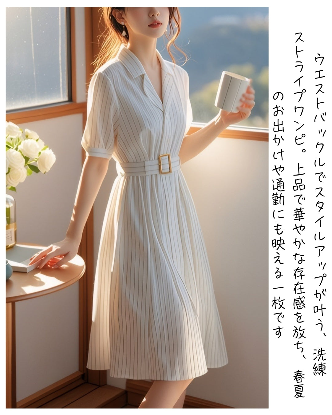 ウエストベルト付きストライプワンピ【美シルエットで魅せる】