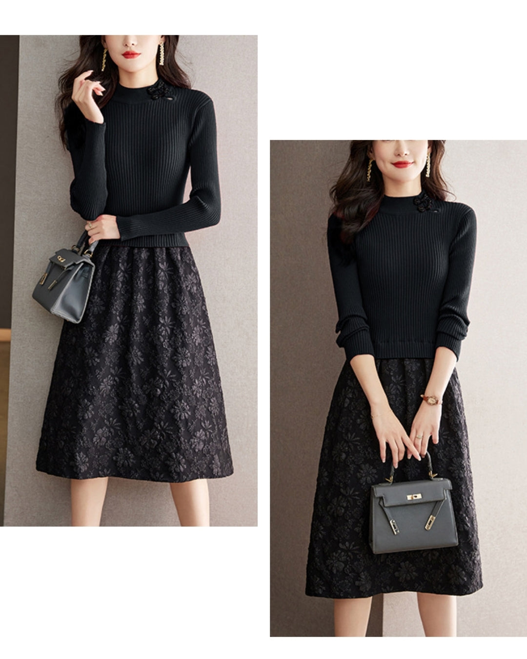 リブジャカードミディワンピース【コントラストが生む立体エレガンス】