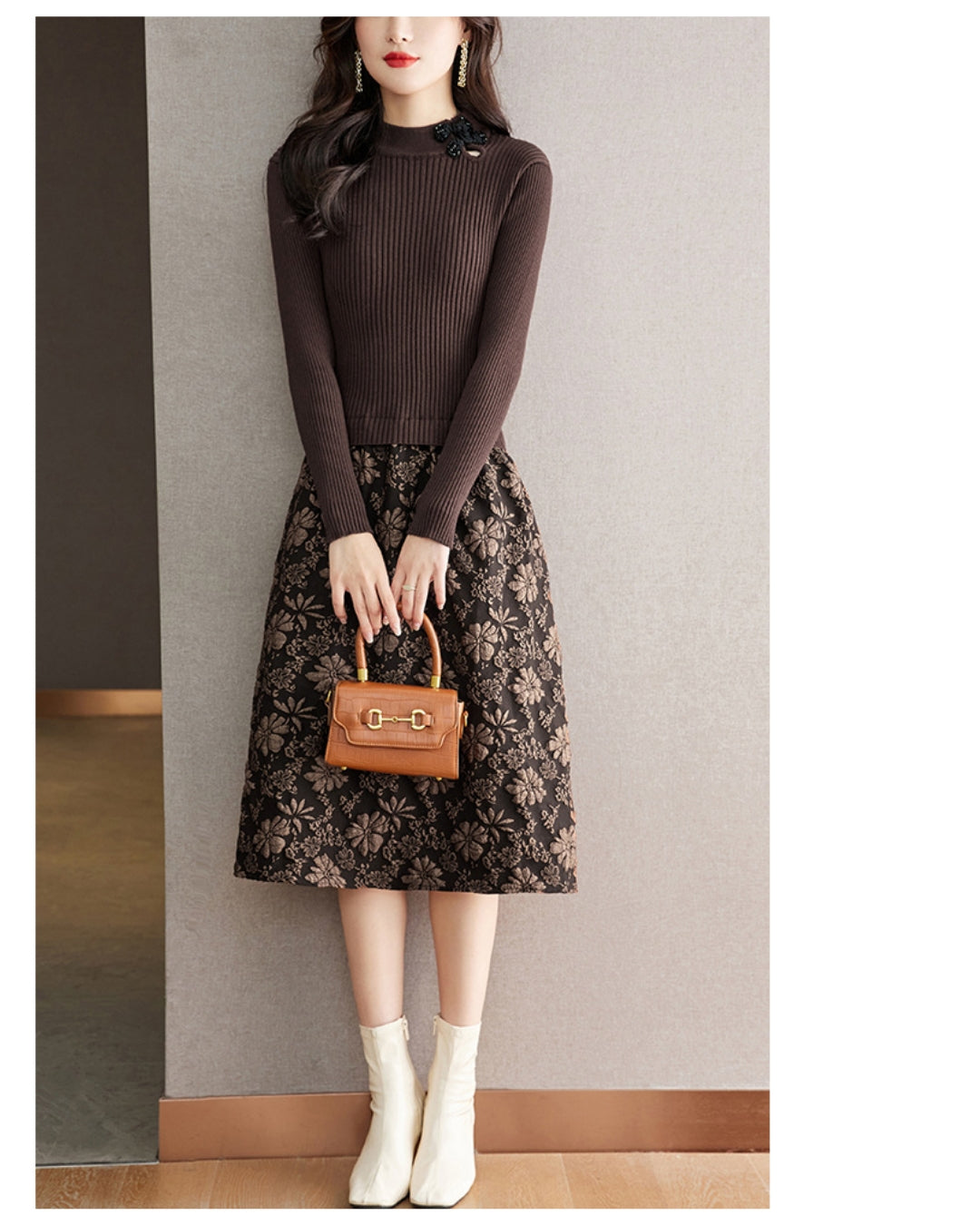 リブジャカードミディワンピース【コントラストが生む立体エレガンス】