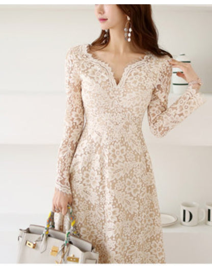 シアーレース切替ワンピース【上品に映える、透け感レース】