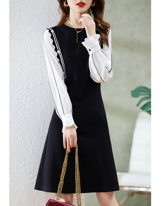 シフォン袖配色ワンピース【きちんと見えで差がつく40代の上品華やぎ】