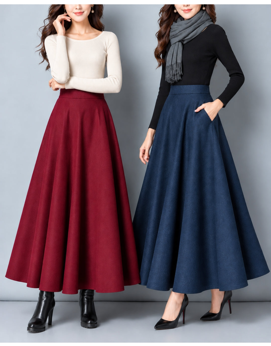 上品ウール調ロングフレアスカート【ふんわり揺れる、大人の上品シルエット】