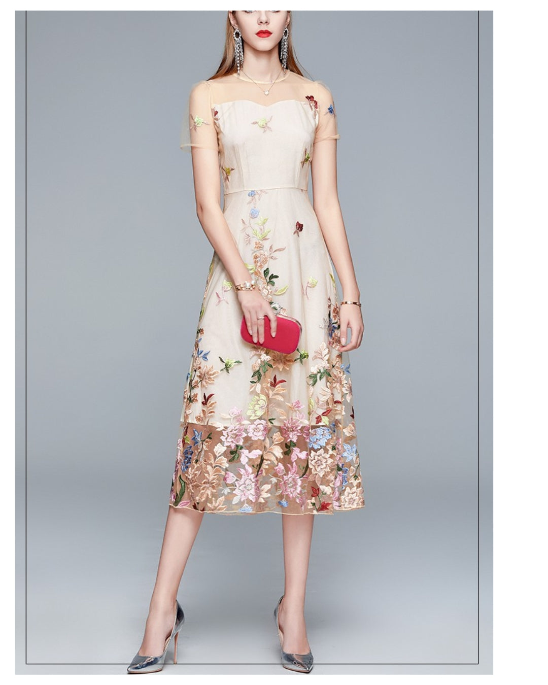 シースルー花柄刺繍ミモレドレス【凛と咲く、透け刺繍の華やぎ】