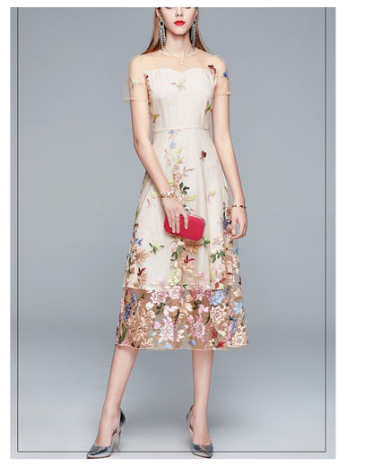 シースルー花柄刺繍ミモレドレス【凛と咲く、透け刺繍の華やぎ】