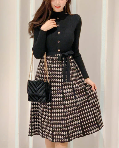 千鳥格子切替リボンワンピース【上品な存在感で魅せる大人エレガント】