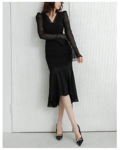 シアー袖マーメイドドレス【艶めくシアーで魅せる大人エレガント】