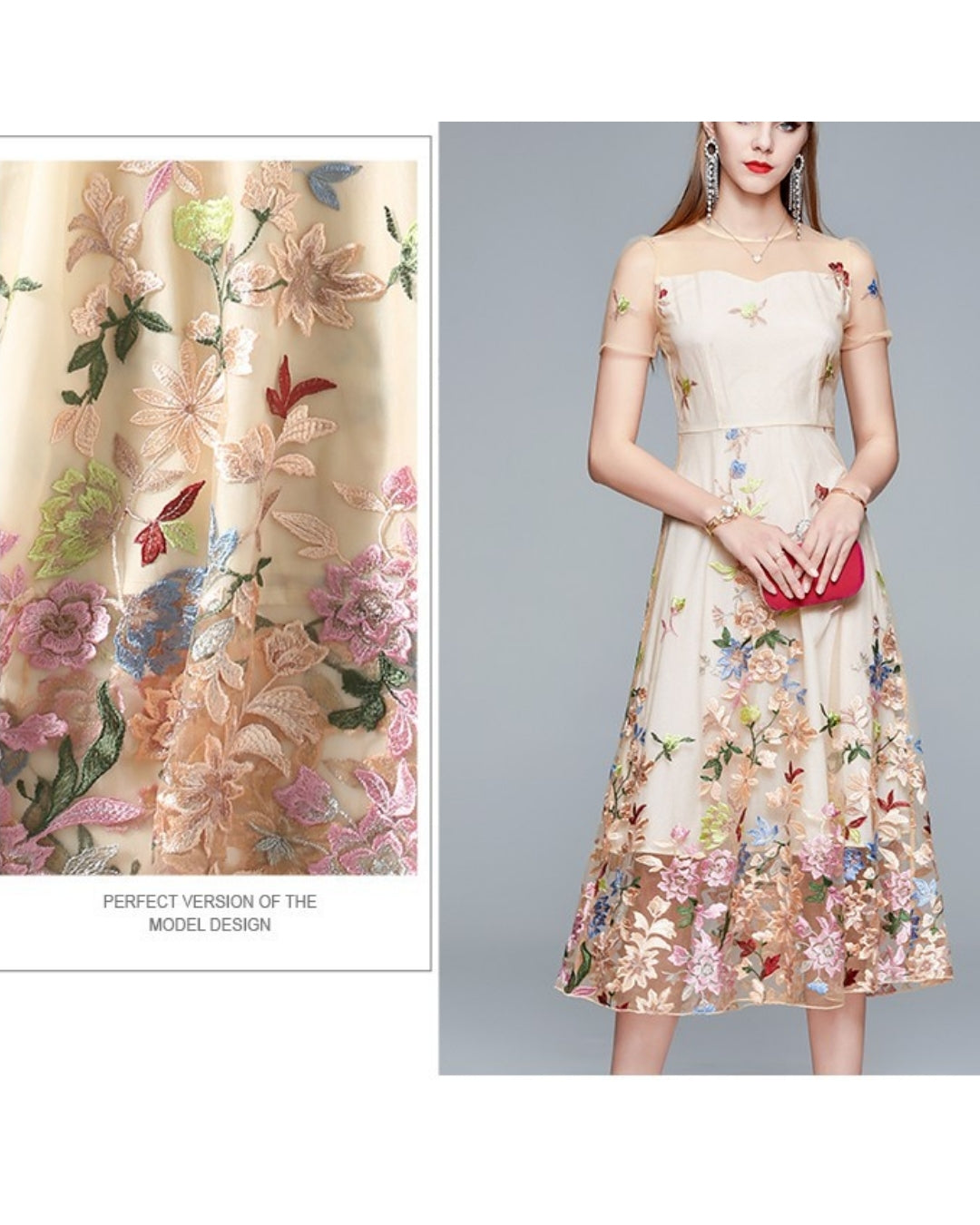 シースルー花柄刺繍ミモレドレス【凛と咲く、透け刺繍の華やぎ】