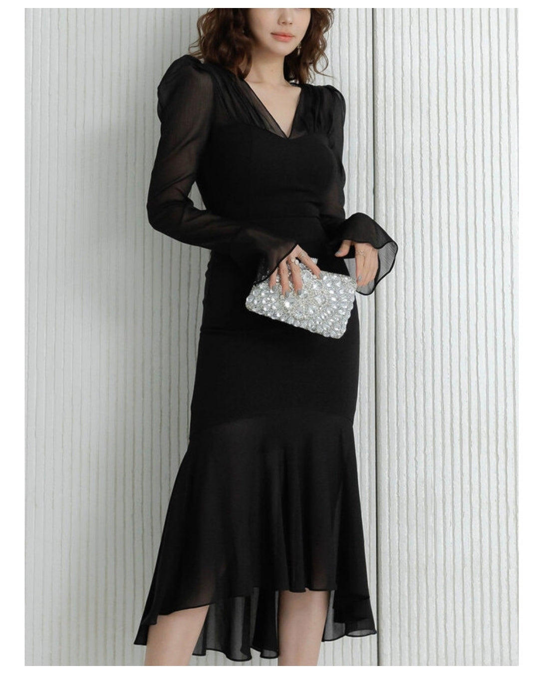 シアー袖マーメイドドレス【艶めくシアーで魅せる大人エレガント】