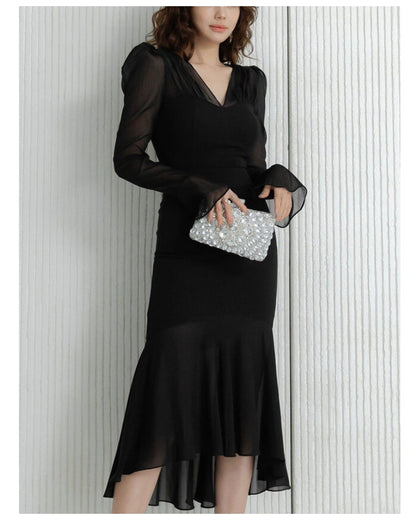 シアー袖マーメイドドレス【艶めくシアーで魅せる大人エレガント】