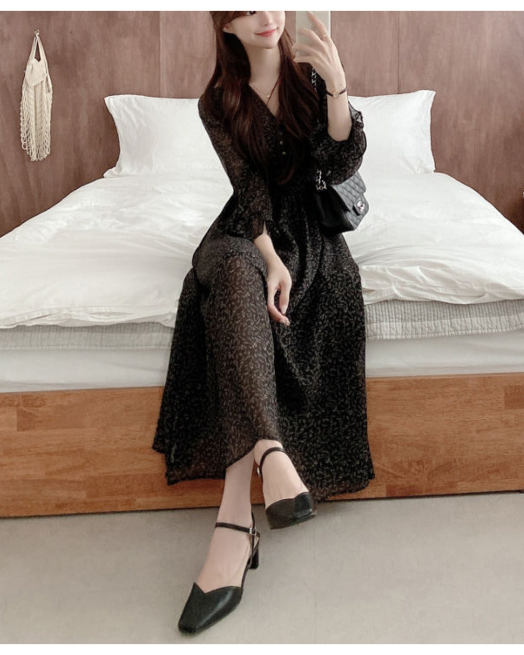 花柄シフォンミモレワンピース【40代の休日のお出かけにちょうどいい】