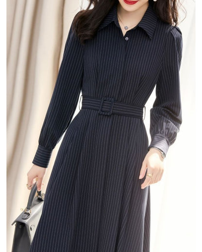 ストライプフレアシャツワンピース【 通勤もお出かけも知的に映えるシルエット】