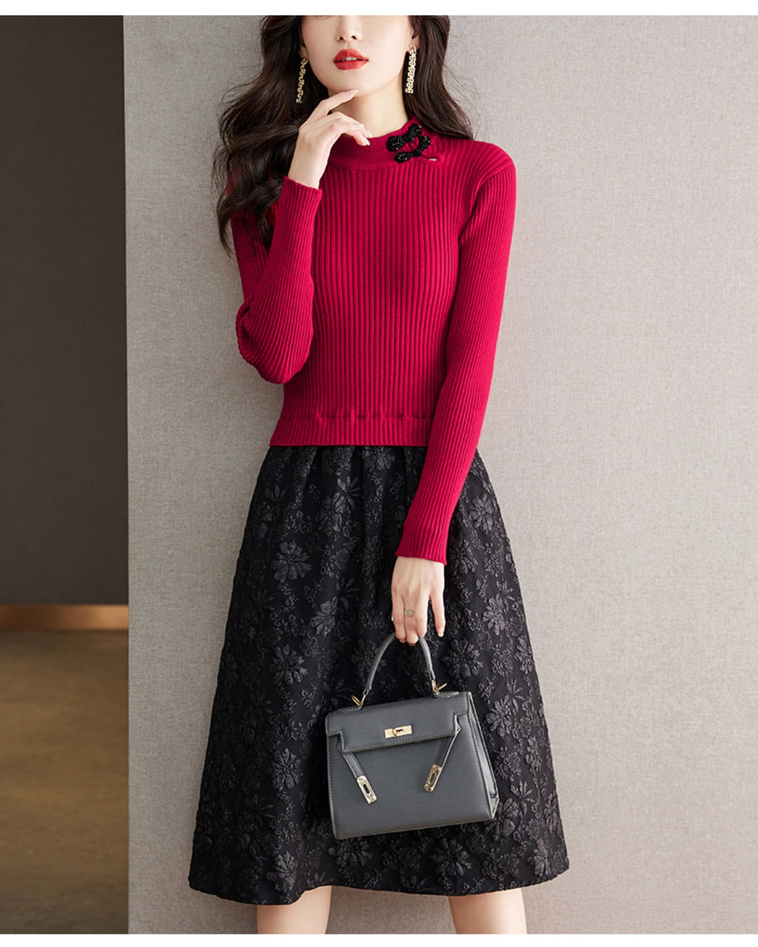 リブジャカードミディワンピース【コントラストが生む立体エレガンス】