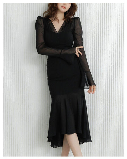 シアー袖マーメイドドレス【艶めくシアーで魅せる大人エレガント】