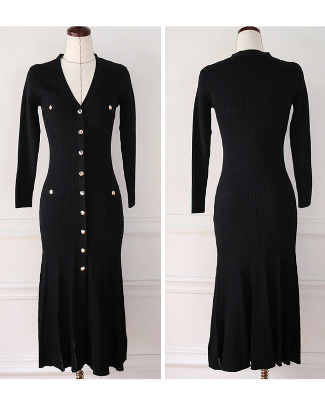 Vネック前ボタンニットワンピ【一枚で整う大人のための縦リブニット】