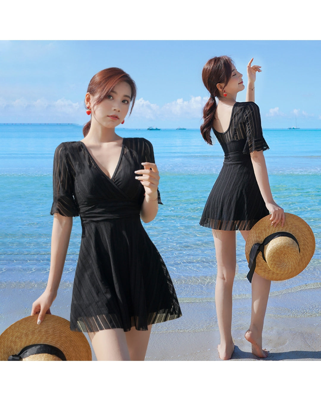 Vネックワンピース水着（体型カバー＆着痩せ効果）