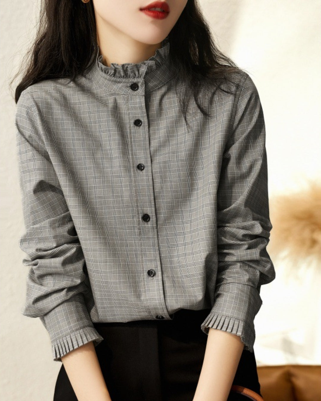 チェック柄フリルブラウス【首元フリルで華やぎプラス】 – PORCO CASA