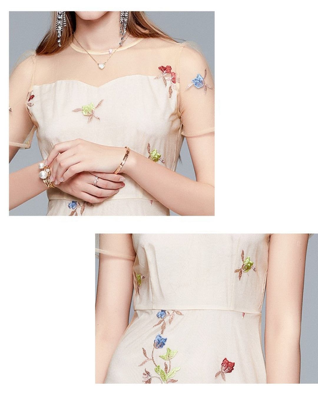 シースルー花柄刺繍ミモレドレス【凛と咲く、透け刺繍の華やぎ】