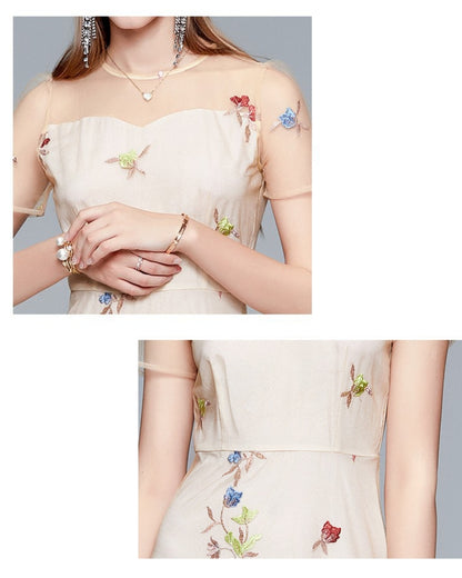 シースルー花柄刺繍ミモレドレス【凛と咲く、透け刺繍の華やぎ】