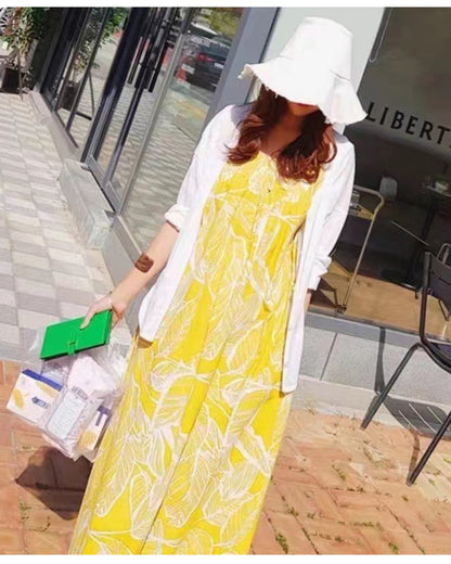 リーフ柄ロングワンピース【さらっと涼しく、夏映えワンピ】