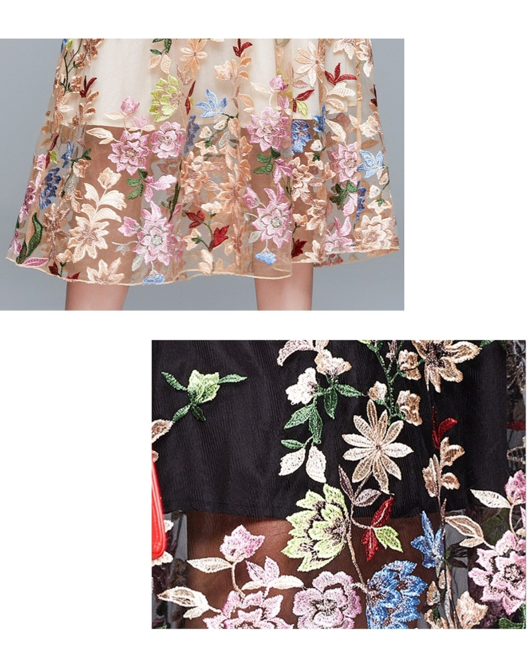 シースルー花柄刺繍ミモレドレス【凛と咲く、透け刺繍の華やぎ】