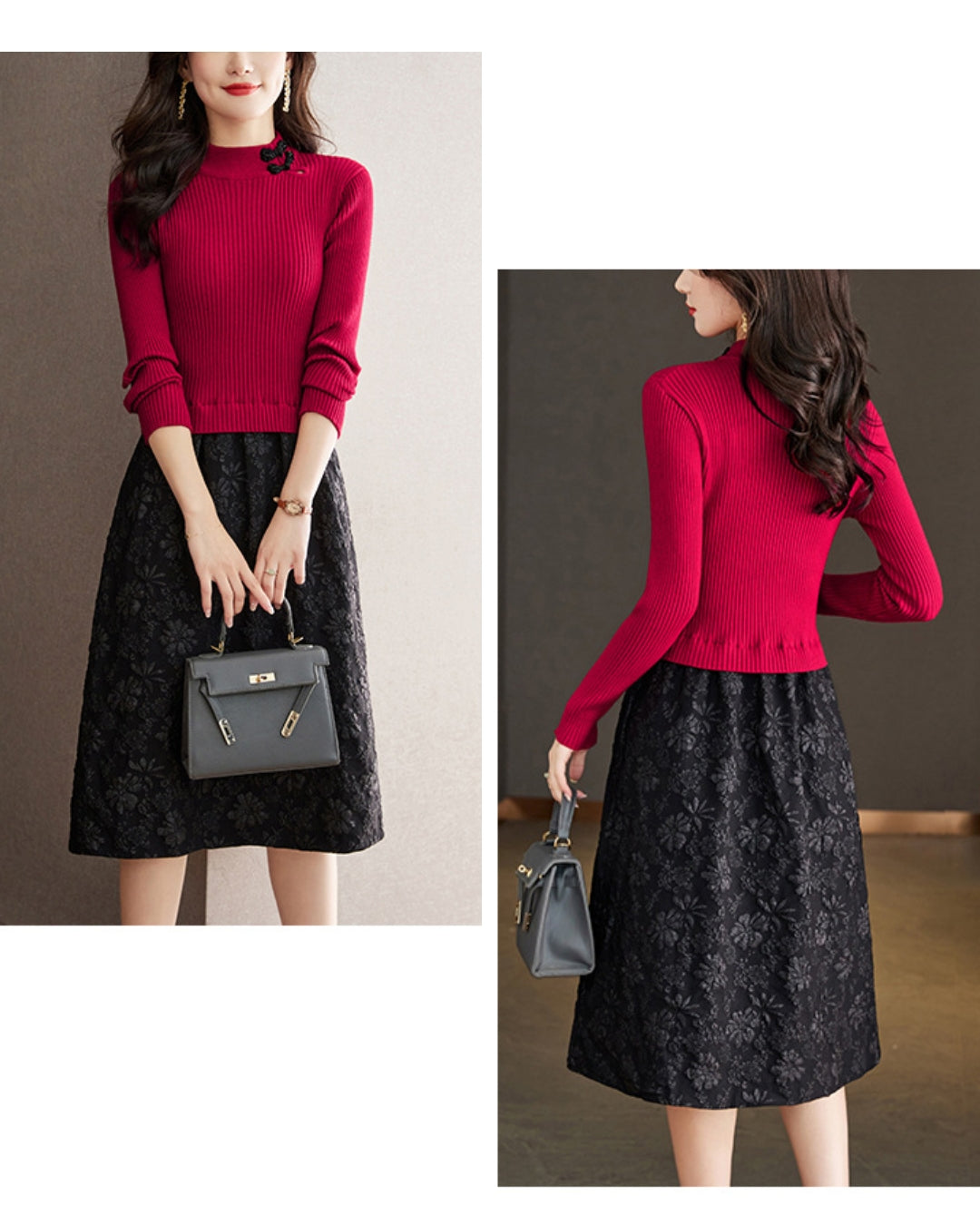 リブジャカードミディワンピース【コントラストが生む立体エレガンス】