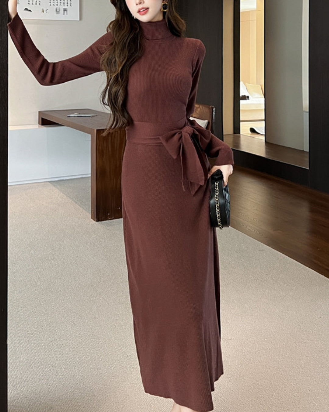 ウエストリボンニットワンピース【美ラインで魅せる大人のスタイル】