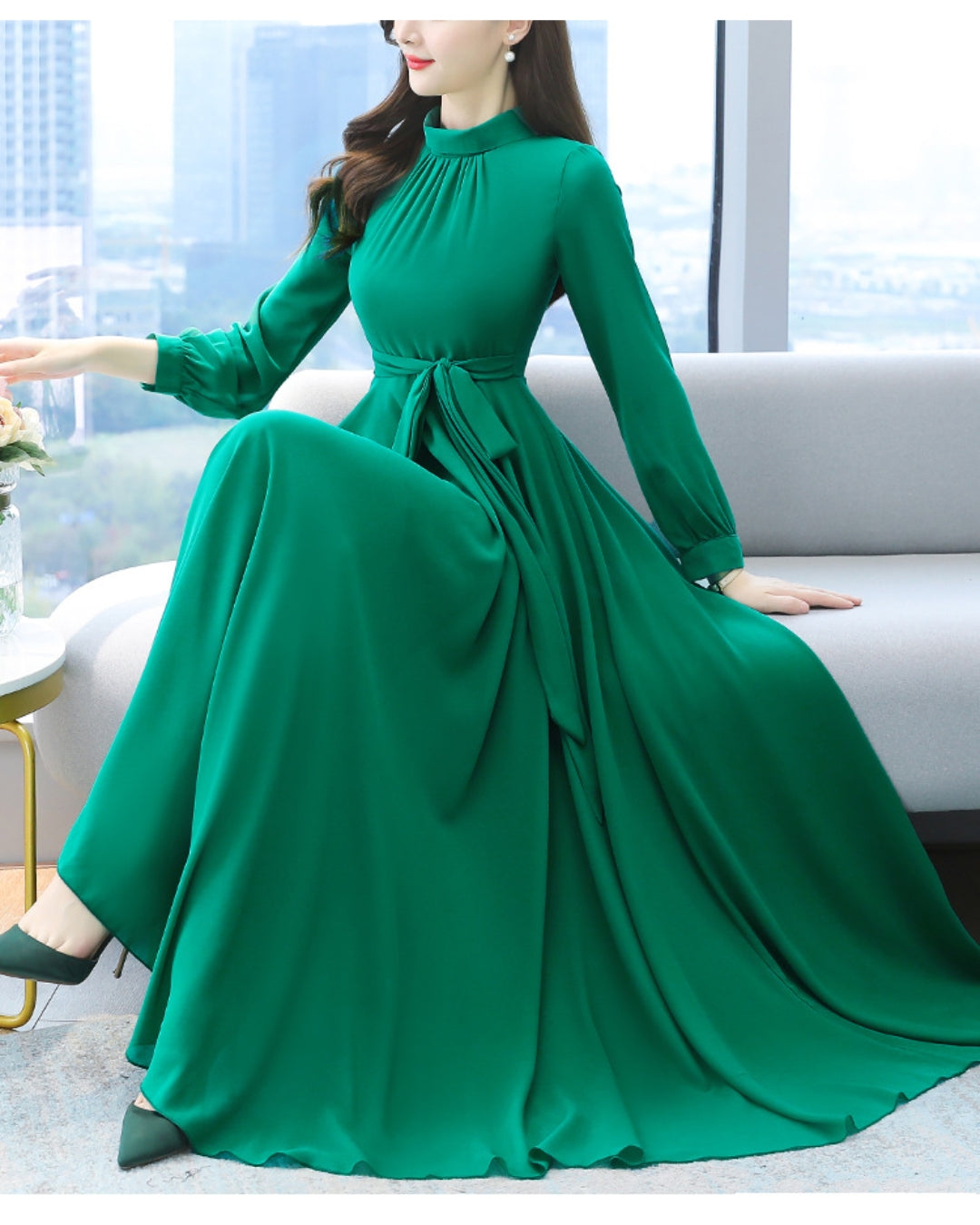 ロングシフォンワンピース【静かな華やぎを添える上品シルエット】