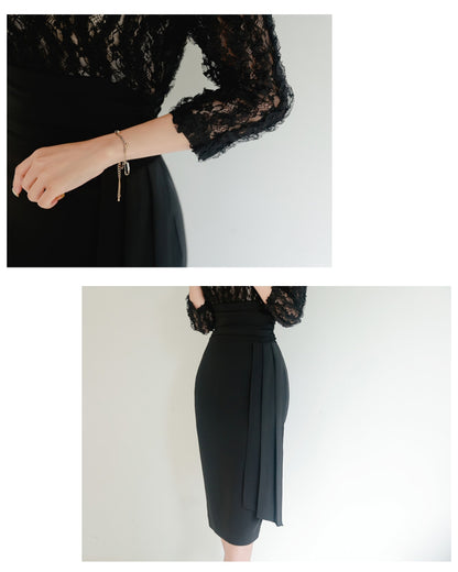 切替レース七分袖タイトワンピ【美しさを引き締める計算された“黒”】