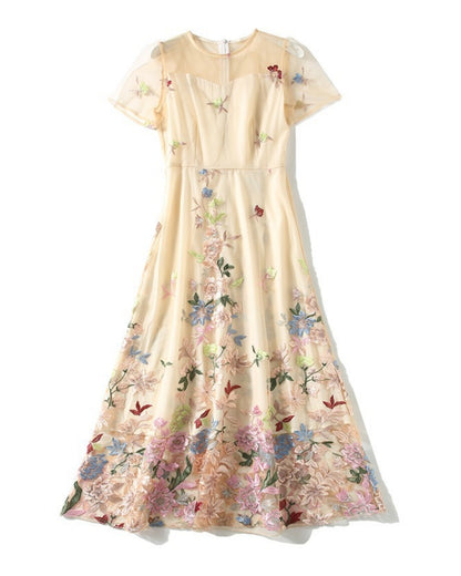 シースルー花柄刺繍ミモレドレス【凛と咲く、透け刺繍の華やぎ】