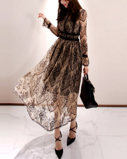 総レースハイウエストロングドレス【優雅に揺れる、気品レース】