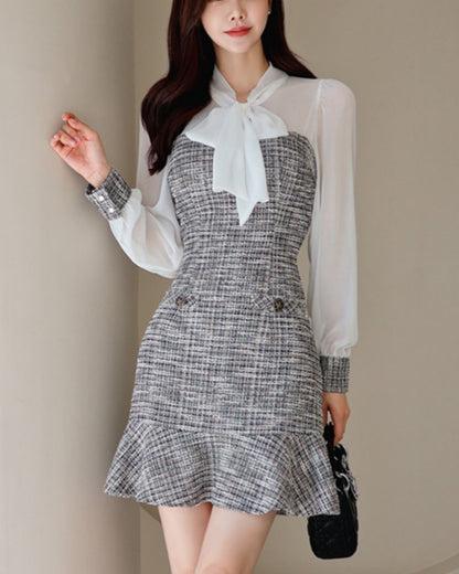 シアー袖・ツイードミニドレス【透け感と曲線美が描く大人エレガンス】