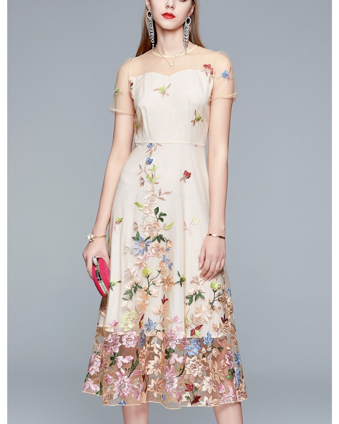 シースルー花柄刺繍ミモレドレス【凛と咲く、透け刺繍の華やぎ】