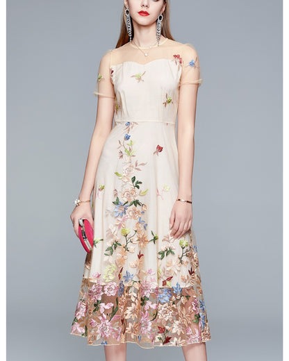 シースルー花柄刺繍ミモレドレス【凛と咲く、透け刺繍の華やぎ】