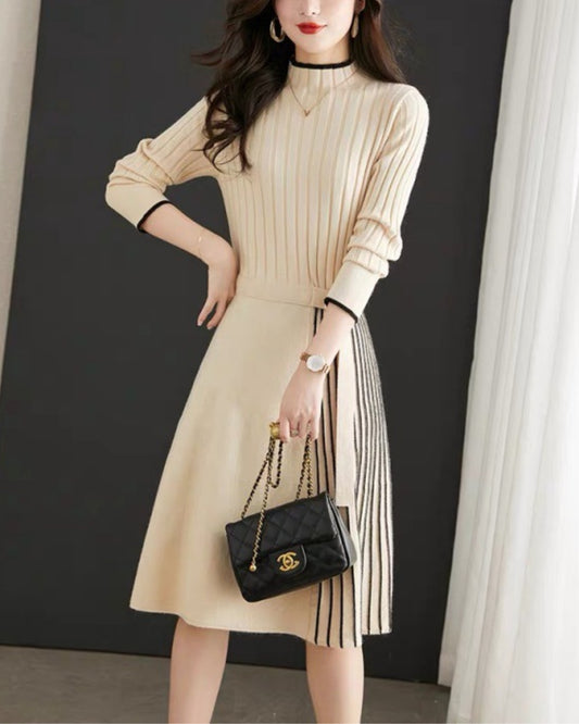 リブ切替プリーツワンピース【プリーツで華やぐ上品シルエット】