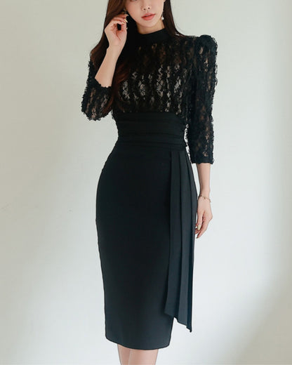 切替レース七分袖タイトワンピ【美しさを引き締める計算された“黒”】