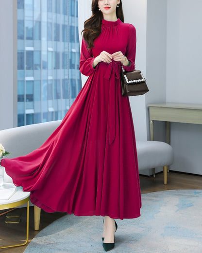 ロングシフォンワンピース【静かな華やぎを添える上品シルエット】