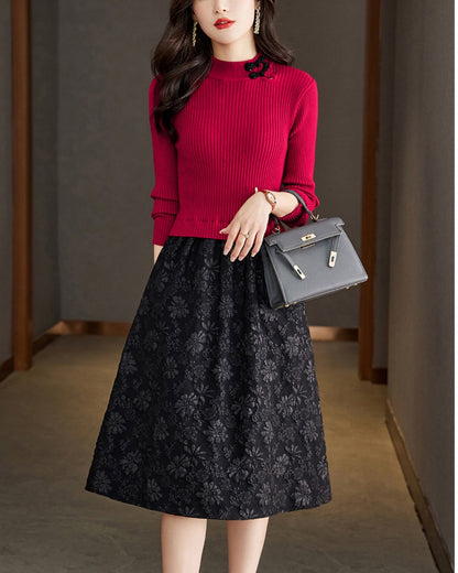 リブジャカードミディワンピース【コントラストが生む立体エレガンス】