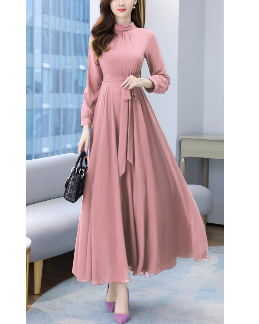 ロングシフォンワンピース【静かな華やぎを添える上品シルエット