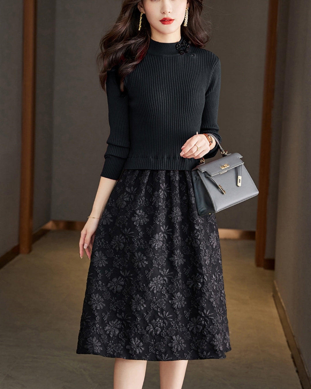 リブジャカードミディワンピース【コントラストが生む立体エレガンス