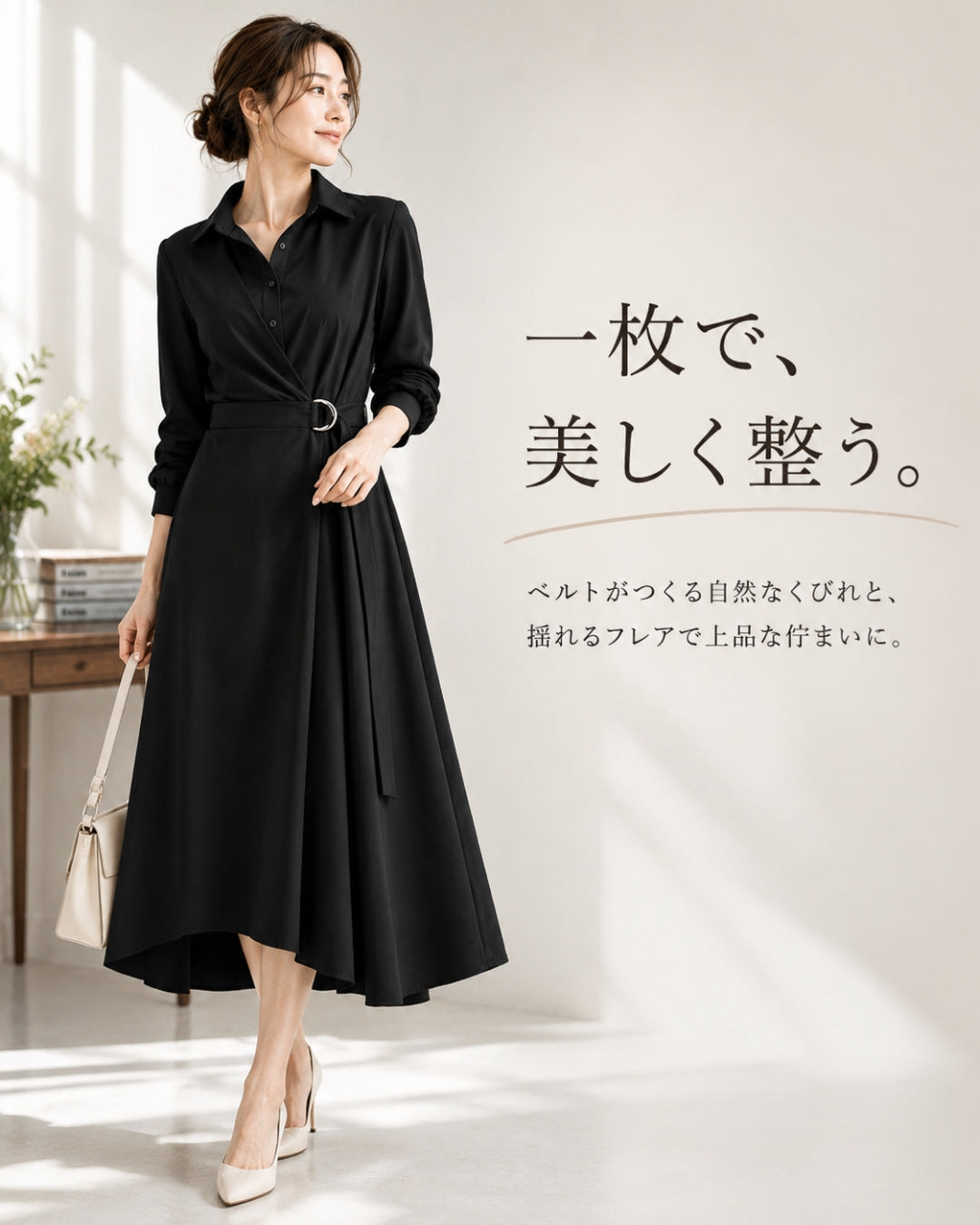 襟付きウエストベルトワンピース【ベルトで引き立つ美シルエット】