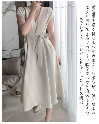 ラップデザイン上品ワンピース【リボンベルトが腰回りをカバー】