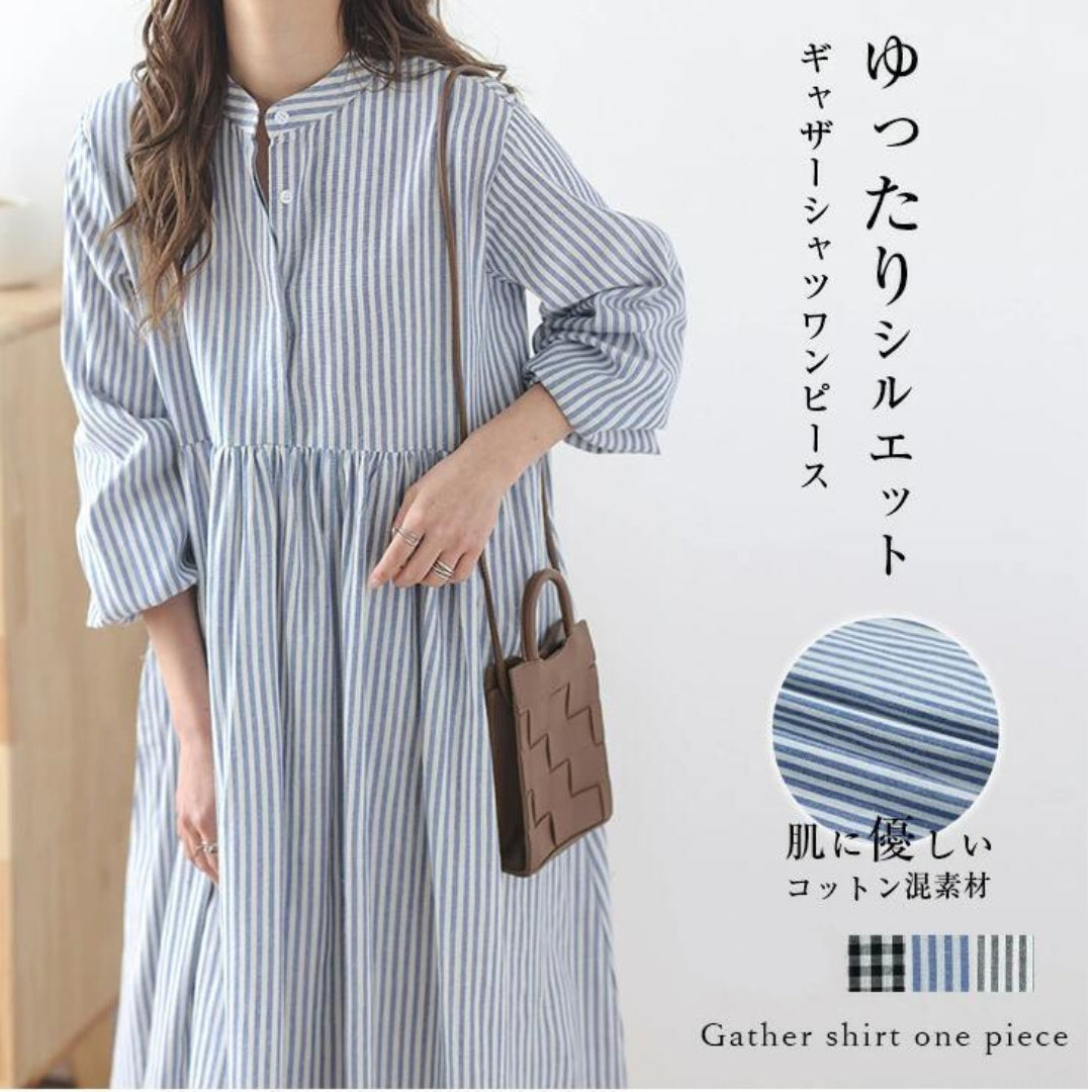 大人ナチュラル綿ワンピース（ゆったりシルエット＆ストライプ）