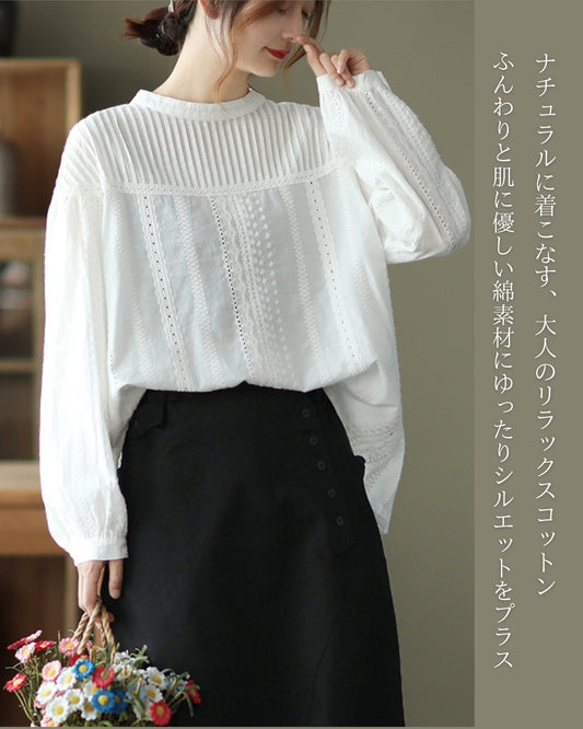 ナチュラル・チュニックブラウス【ピンタック＆後ろボタン】