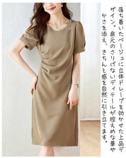 シンプルドレープ半袖ワンピース【きちんと見えてちょうどいい 40代の上品ワンピ】