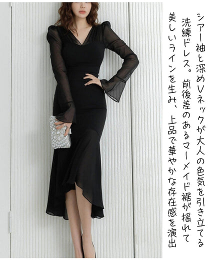 シアー袖マーメイドドレス【艶めくシアーで魅せる大人エレガント】
