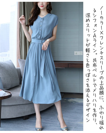 フレンチスリーブシフォンワンピース【さらっと涼しく、上品に華やぐ】
